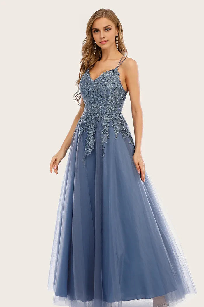 Robe Weitese trapèze bleu poudré, longue robe de soirée avec appliques en dentelle