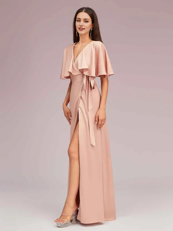 Robe Weitese trapèze élégante, manches chauve-souris, col en V, fente latérale, longue, en satin doux, longueur au sol, robes de bal 