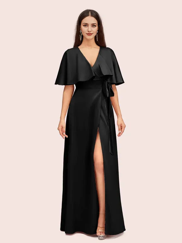 Robe Weitese trapèze élégante, manches chauve-souris, col en V, fente latérale, longue, en satin doux, longueur au sol, robes de bal 