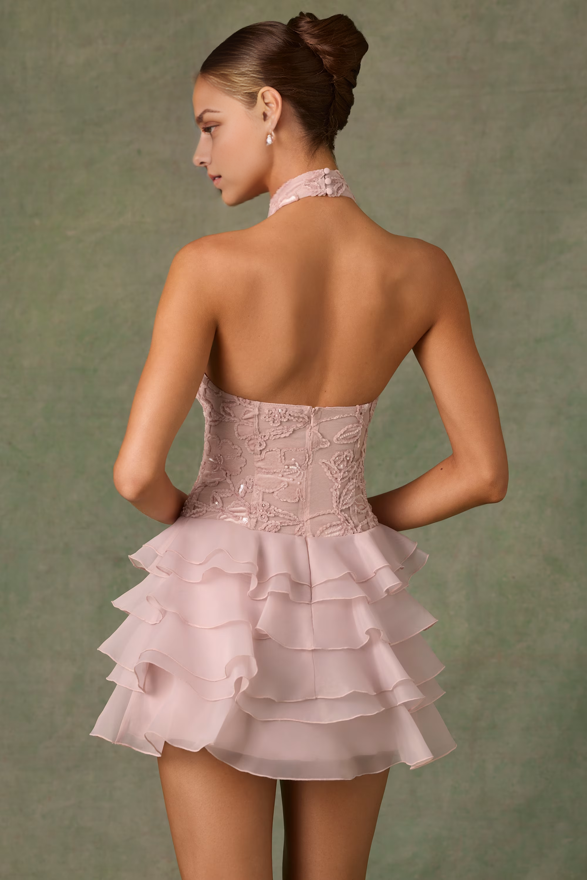 Weitese Dress A-line Embellished Ruffled Halterneck Mini Dress Dusty Rose Open Back Homecoming Dress