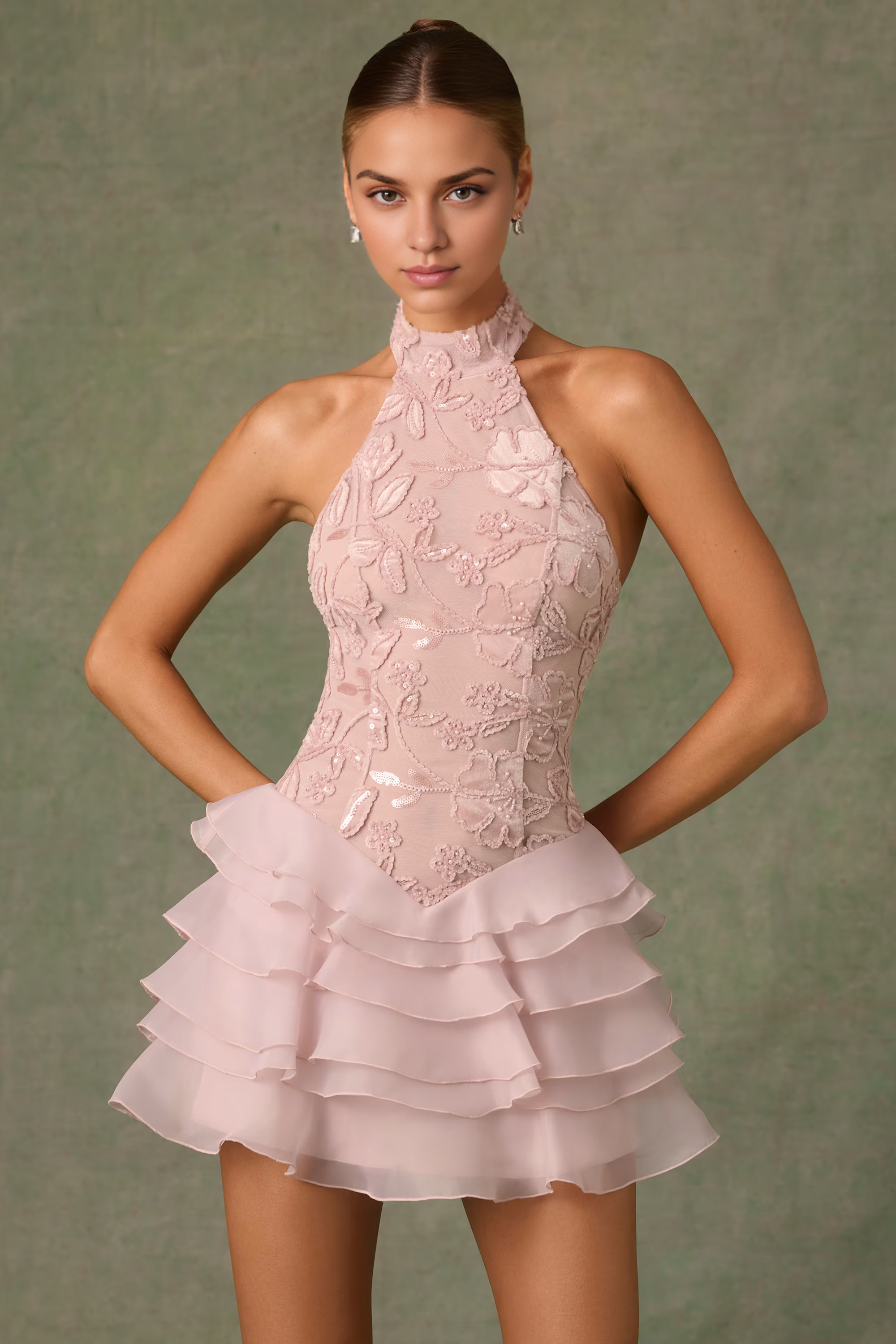 Weitese Dress A-line Embellished Ruffled Halterneck Mini Dress Dusty Rose Open Back Homecoming Dress