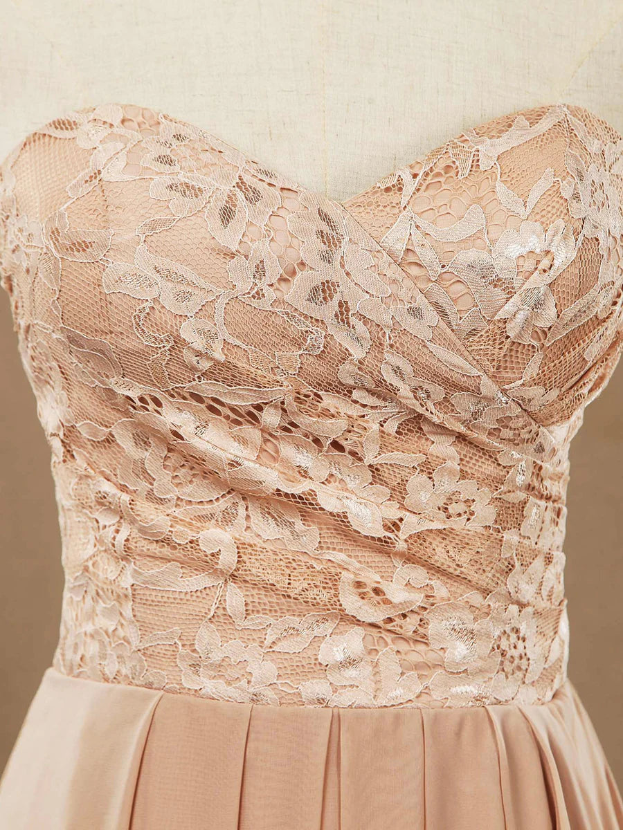 Weitese Dress A-line Floor Length Chiffon match Lace Bridesmaid Dresses Sweetheart Strapless Party Dress