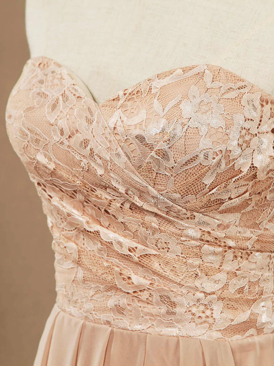 Weitese Dress A-line Floor Length Chiffon match Lace Bridesmaid Dresses Sweetheart Strapless Party Dress