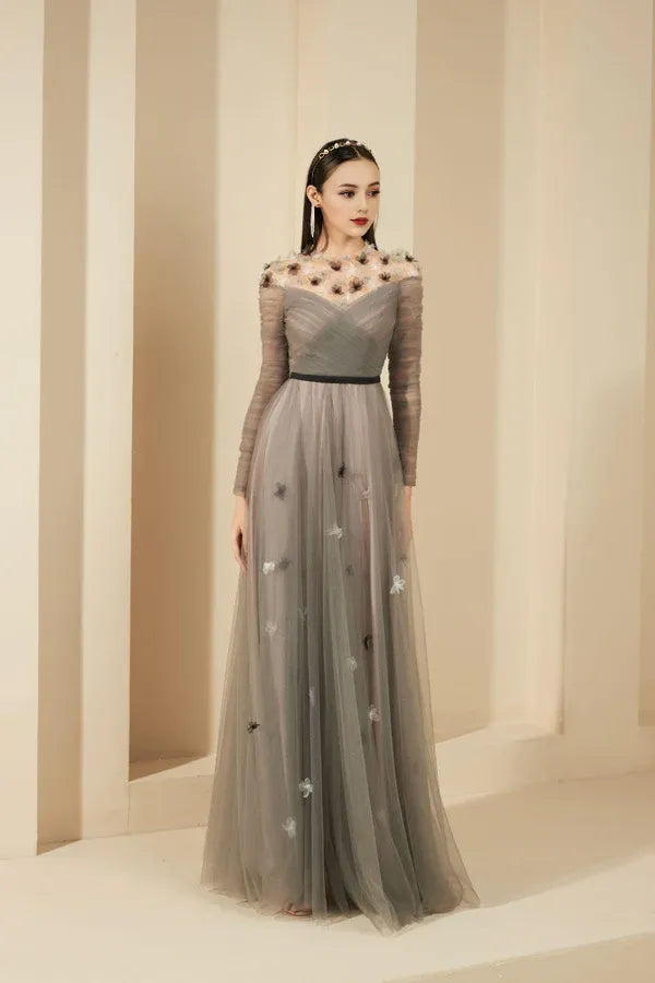 Robe trapèze Weitese, col rond, froncée, en tulle transparent, robe longue, vintage, plissée, robe de bal avec fleurs 