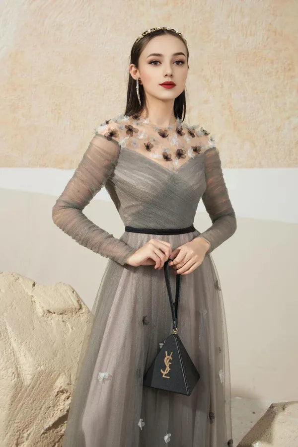 Weitese Dress A-line Gathered Round Neck Mesh Sheer Maxi Dress Vintage Tulle Pleats Prom Dress With Flower