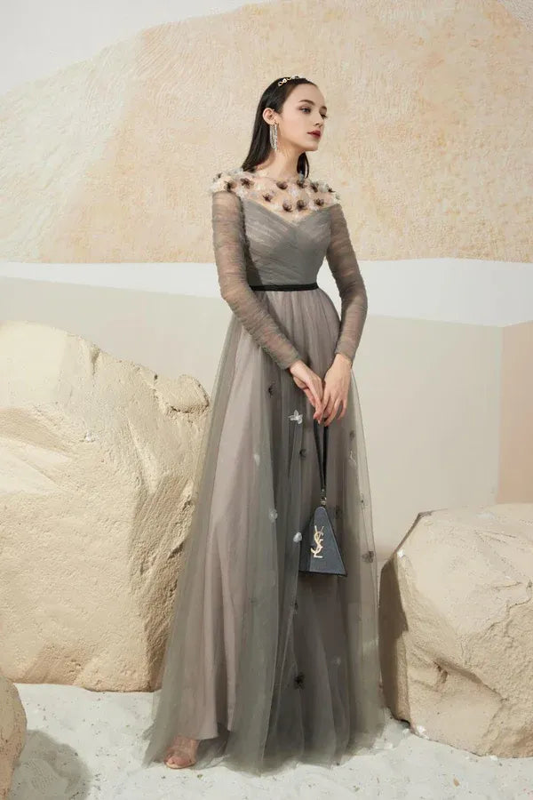 Weitese Dress A-line Gathered Round Neck Mesh Sheer Maxi Dress Vintage Tulle Pleats Prom Dress With Flower