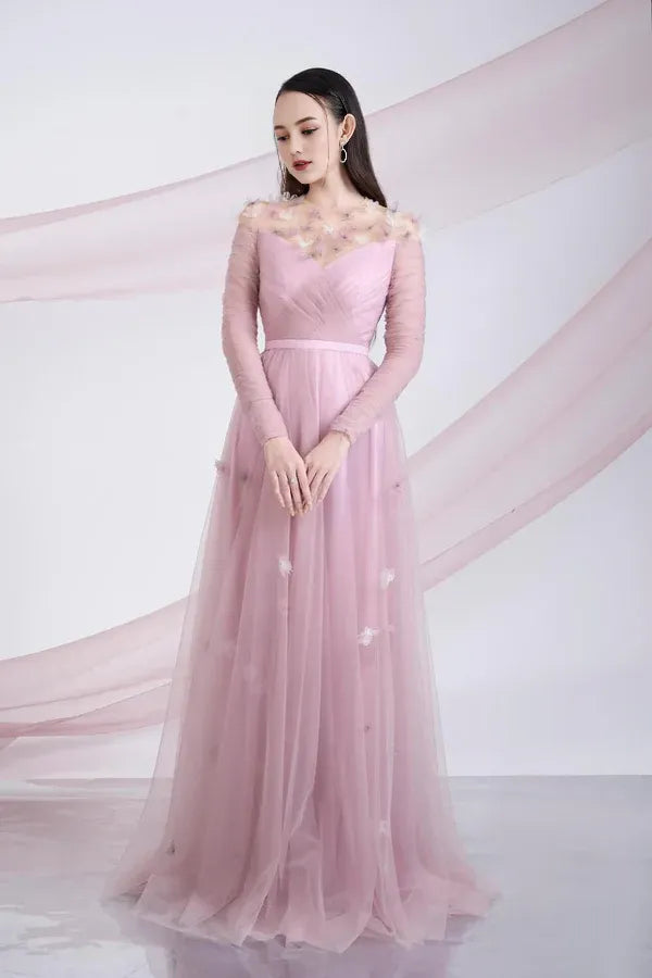 Weitese Dress A-line Gathered Round Neck Mesh Sheer Maxi Dress Vintage Tulle Pleats Prom Dress With Flower