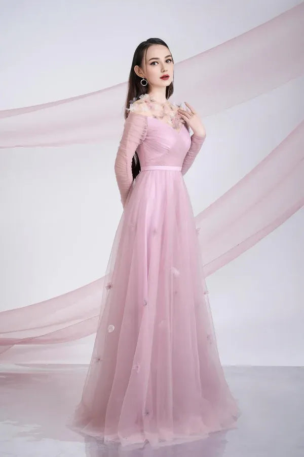 Weitese Dress A-line Gathered Round Neck Mesh Sheer Maxi Dress Vintage Tulle Pleats Prom Dress With Flower