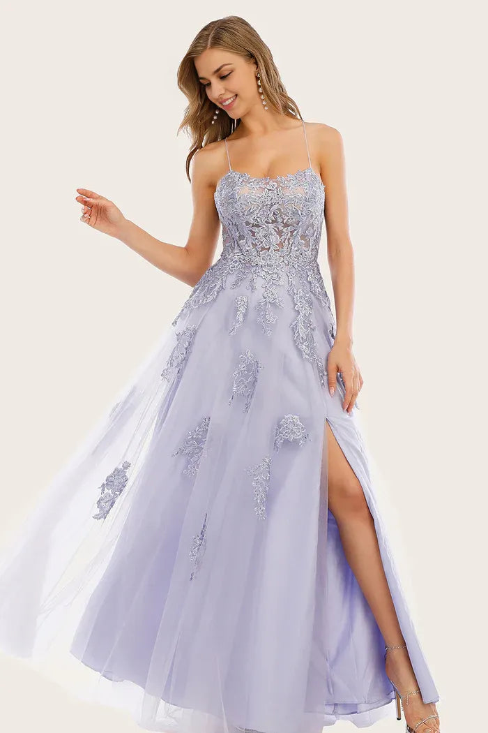 Robe de soirée longue en tulle et dentelle, coupe trapèze, couleur lavande