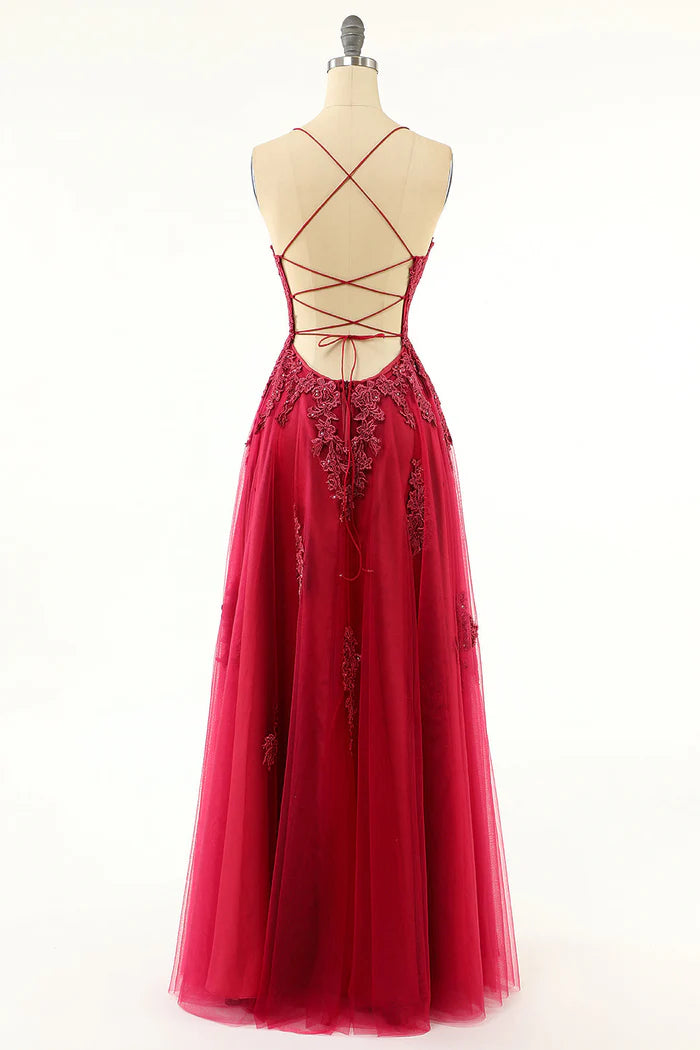 Robe de soirée longue en tulle et dentelle, coupe trapèze, couleur lavande