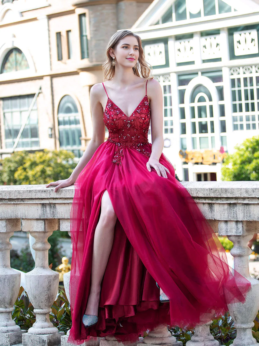 Weitese Dress A-line Luxurious Sexy Formal Evening Dresses Spaghetti Strap Sleeveless With Slit Floor Length Prom Dresses Party Dress