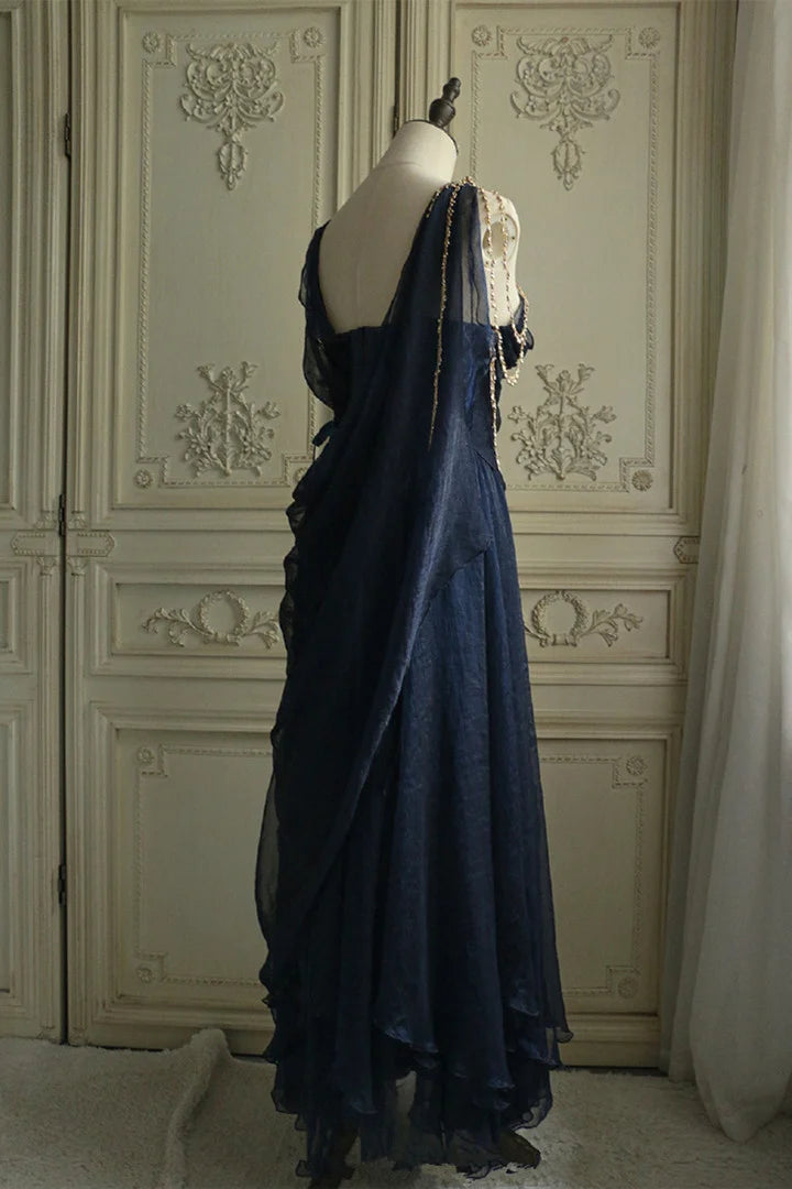 Weitese Dress A-line Navy Blue Sleeveless Chiffon Long Evening Dress Prom Dress Party Dress