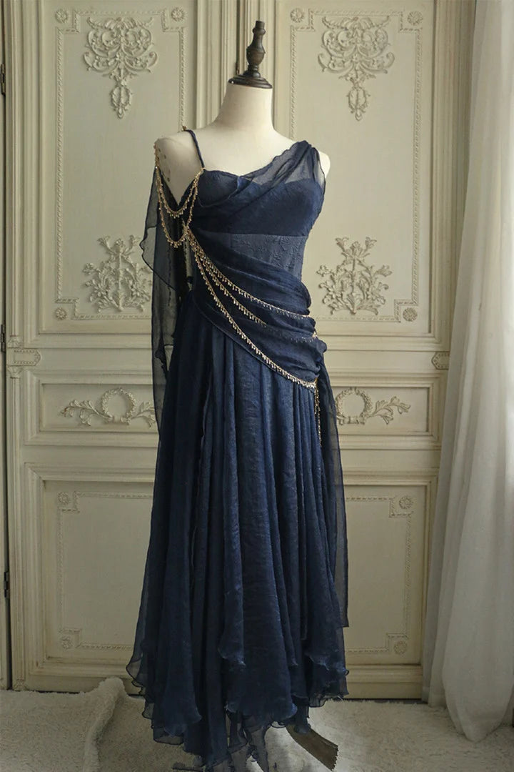 Weitese Dress A-line Navy Blue Sleeveless Chiffon Long Evening Dress Prom Dress Party Dress