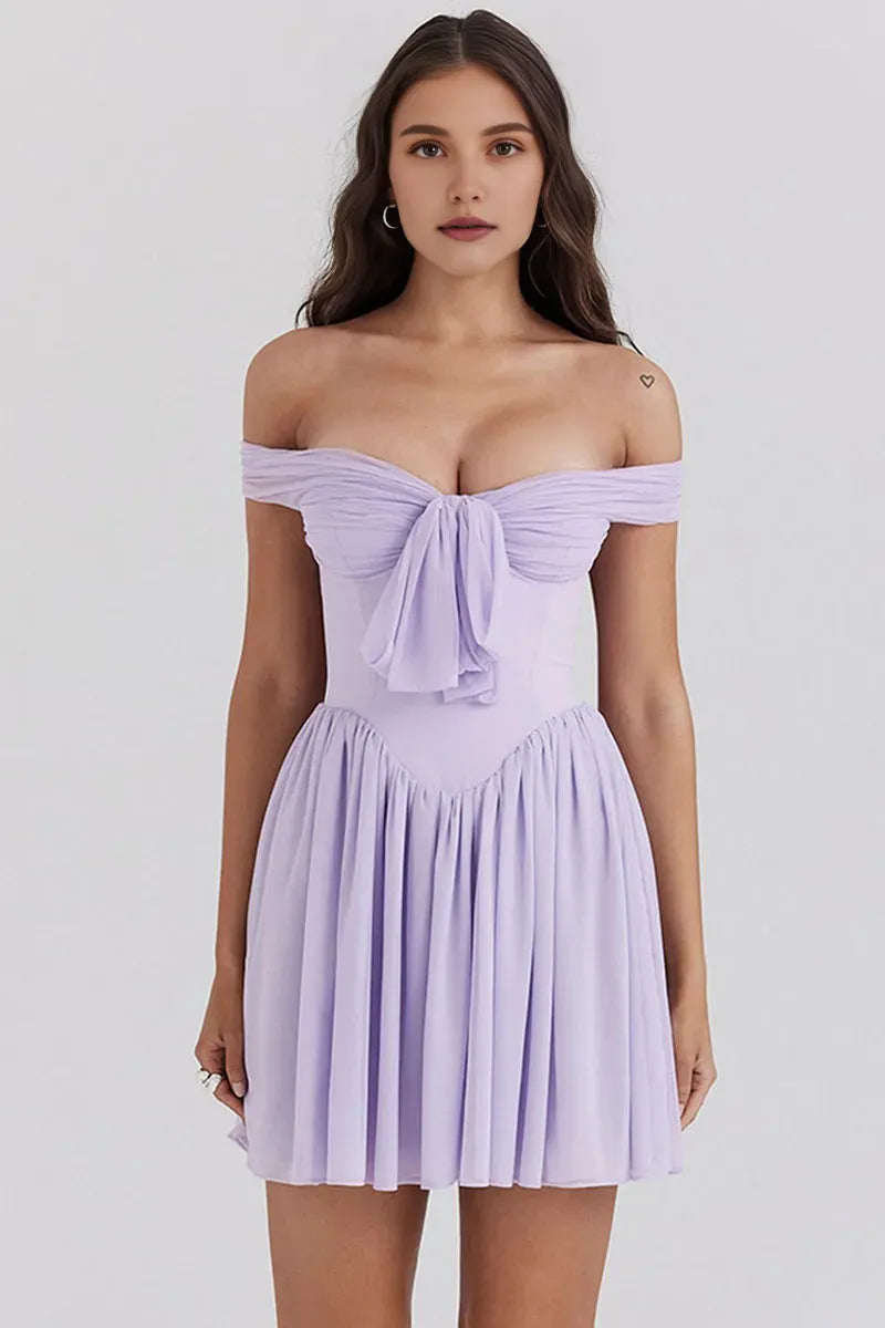Vestido Weitese de corte A con hombros descubiertos, lazo anudado, cintura ceñida, minivestido fruncido, vestido morado para fiesta de bienvenida 