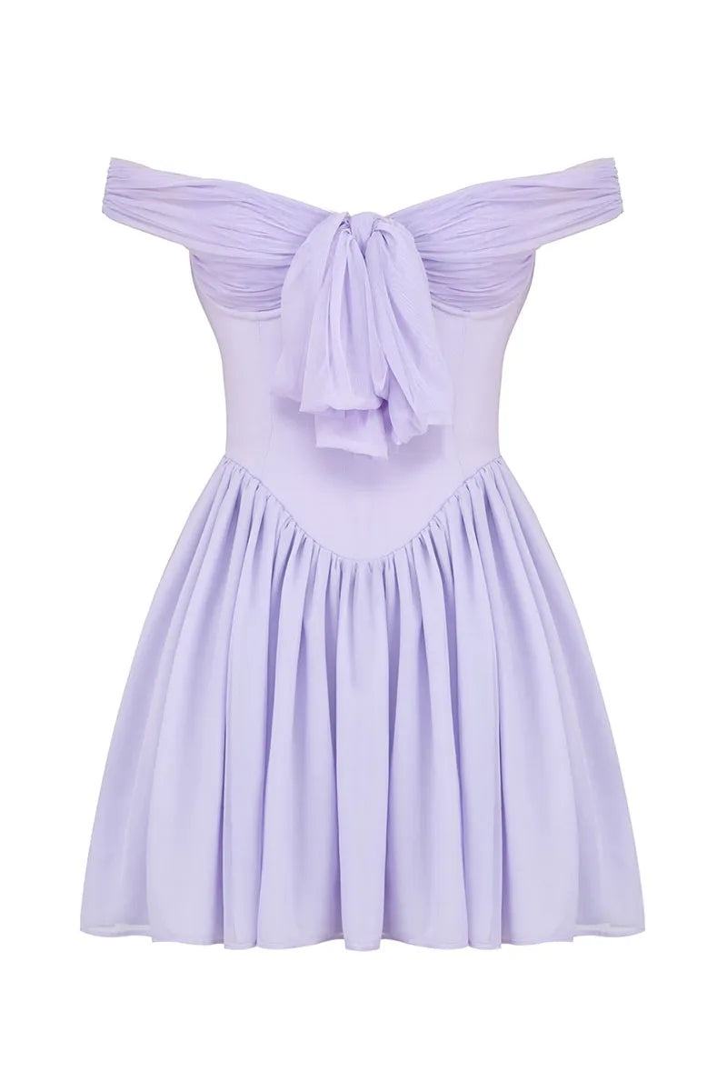 Vestido Weitese de corte A con hombros descubiertos, lazo anudado, cintura ceñida, minivestido fruncido, vestido morado para fiesta de bienvenida 