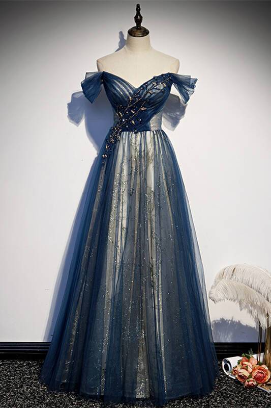 Robe Weitese A-line à épaules dénudées en tulle bleu marine, robe de soirée formelle, robe de bal 