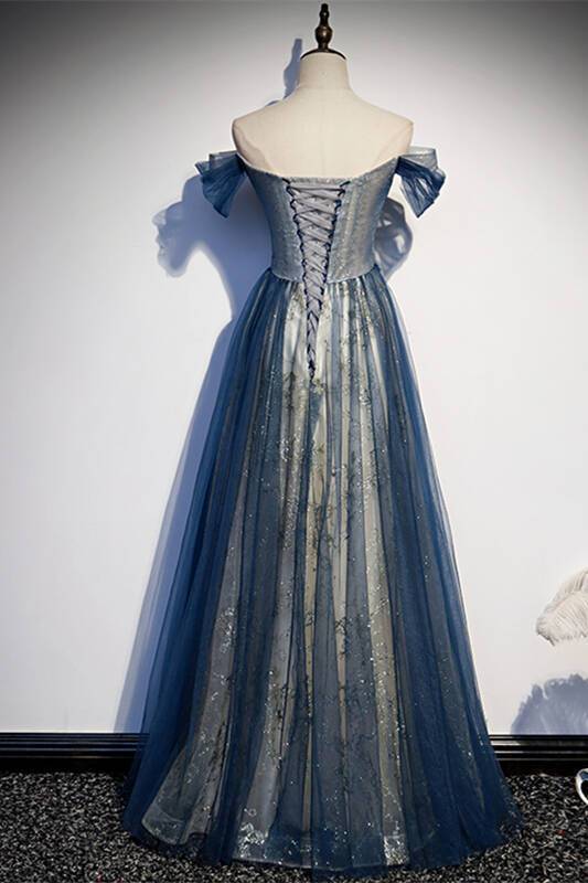 Robe Weitese A-line à épaules dénudées en tulle bleu marine, robe de soirée formelle, robe de bal 