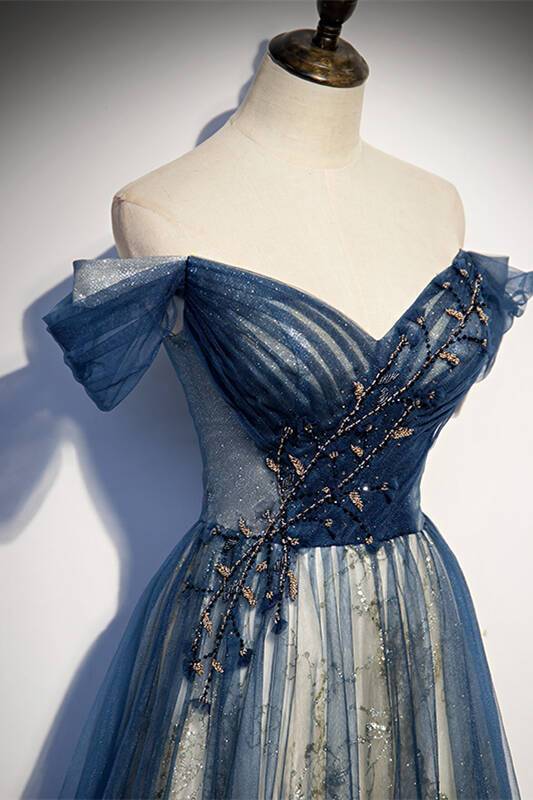 Robe Weitese A-line à épaules dénudées en tulle bleu marine, robe de soirée formelle, robe de bal 