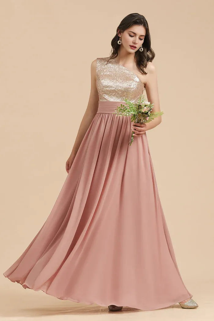 Weitese Dress A-line One Shoulder Sequins Dusty Rose Bridesmaid Dresses Prom Dress