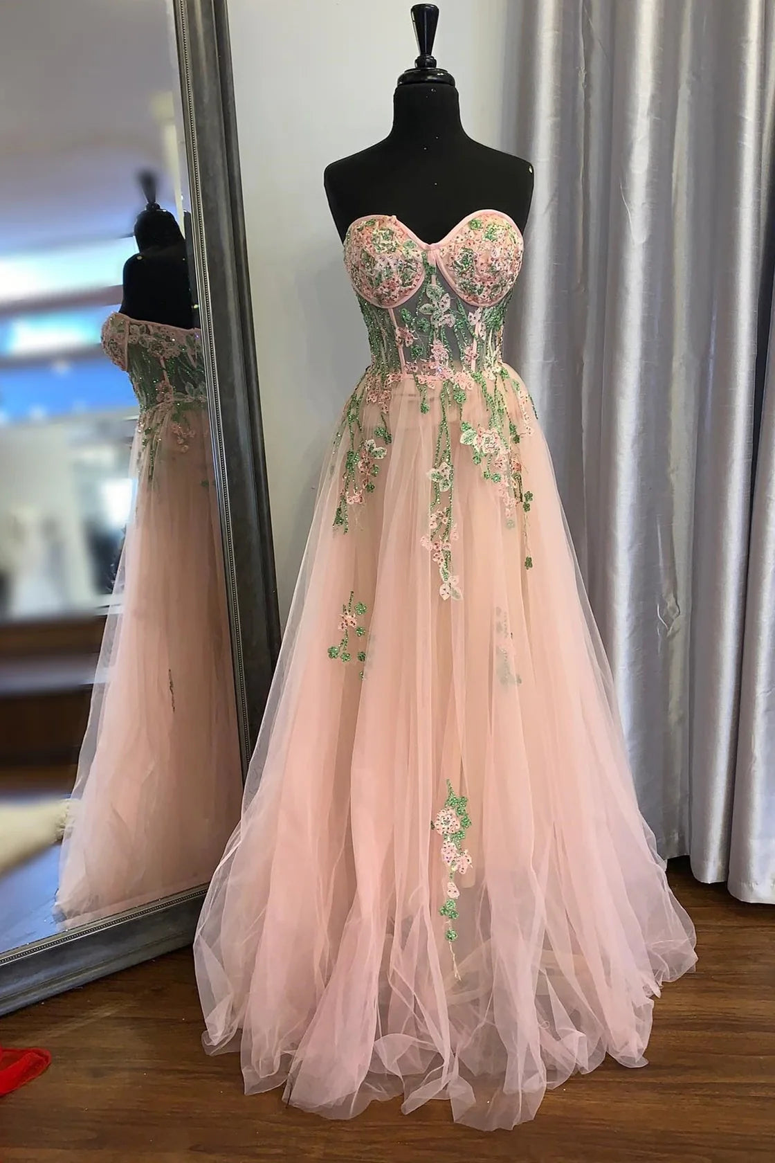 Robe Weitese A-line en tulle pêche, robe longue brodée de fleurs en cœur, robe de bal 