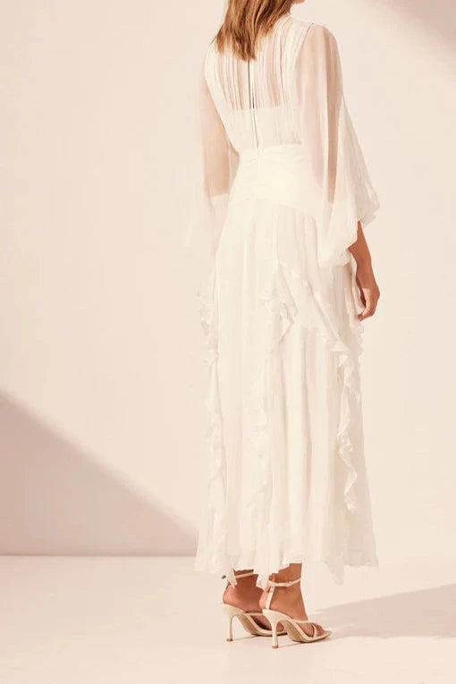 Vestido Weitese de corte A con volantes, largo hasta los tobillos, cuello redondo, mangas globo, vestido de fiesta color marfil 