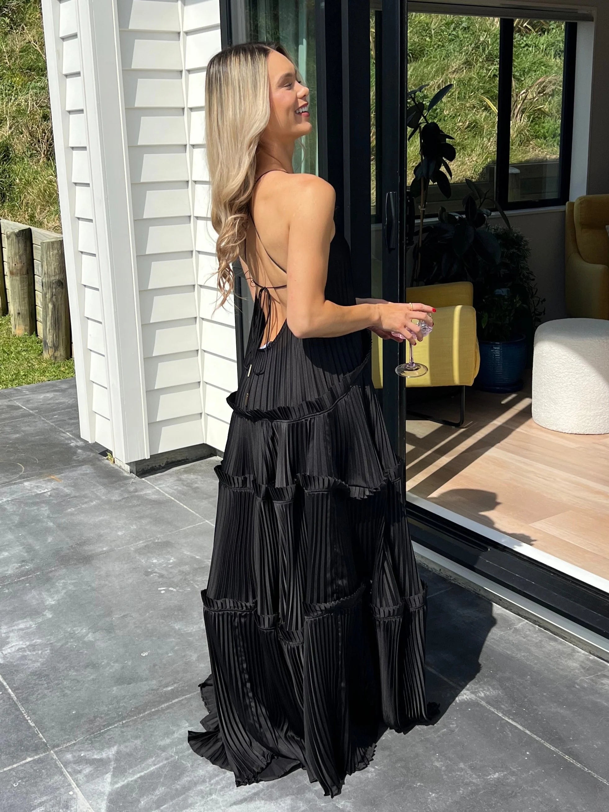 Robe Weitese trapèze à volants, dos nu, robe longue plissée sans manches, robe de bal noire 