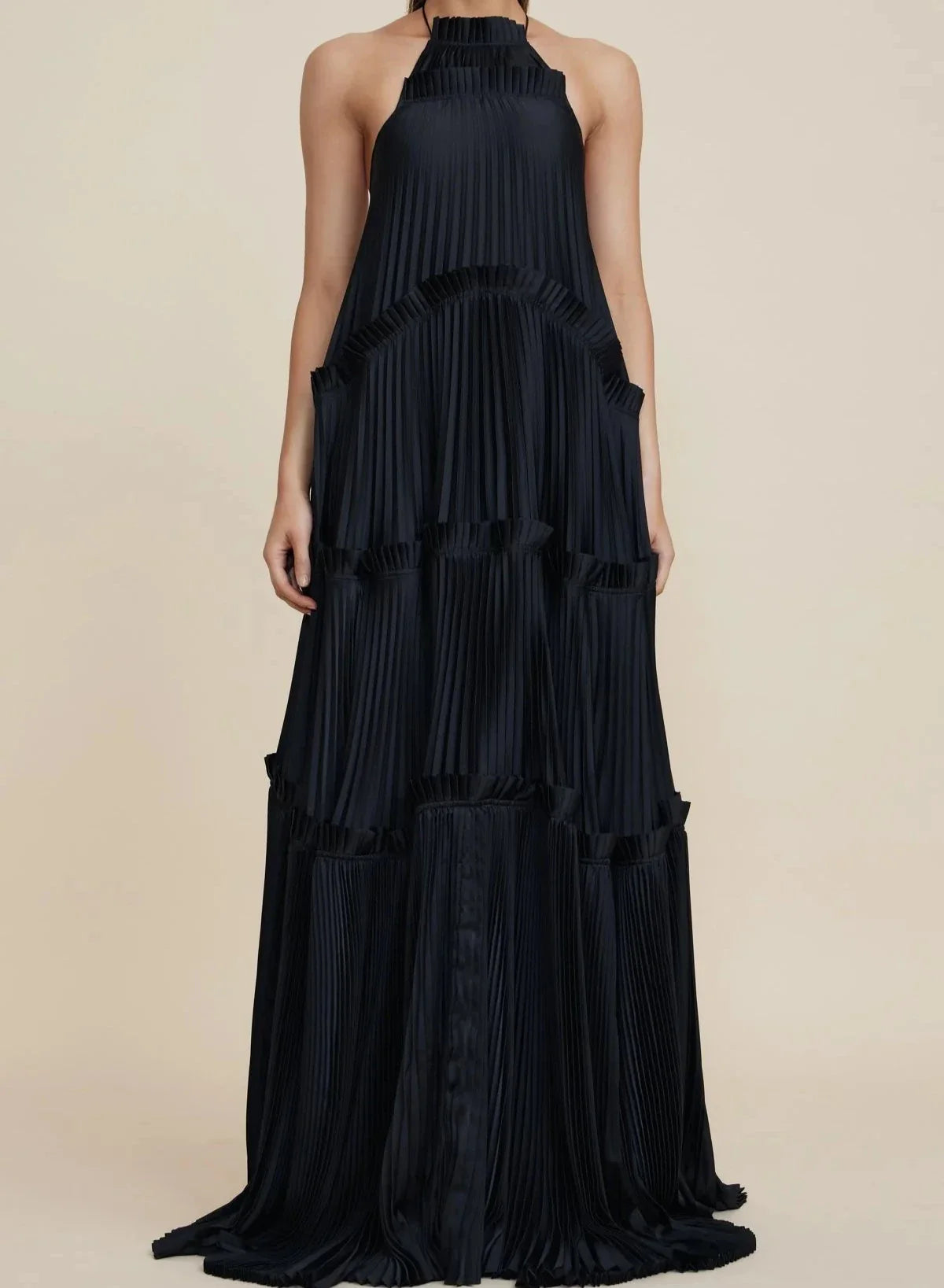 Robe Weitese trapèze à volants, dos nu, robe longue plissée sans manches, robe de bal noire 