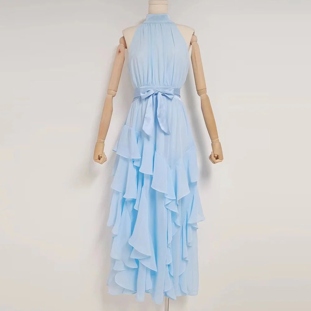 Robe Weitese trapèze fendue pour femme, col montant, sans manches, tenue de bal tendance 