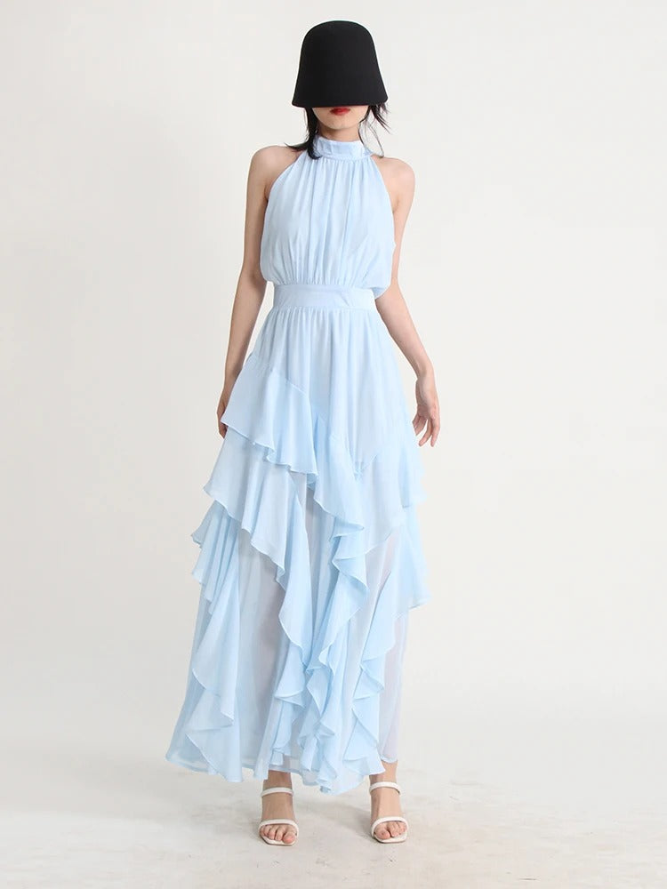 Robe Weitese trapèze fendue pour femme, col montant, sans manches, tenue de bal tendance 