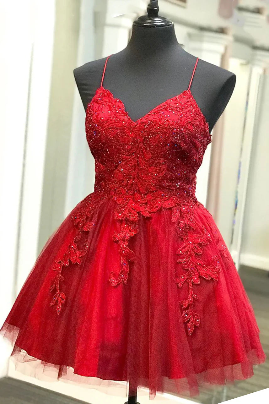 Weitese Dress A-line Spaghetti Straps Lace Appliqued Red Short Mini Homecoming Dress