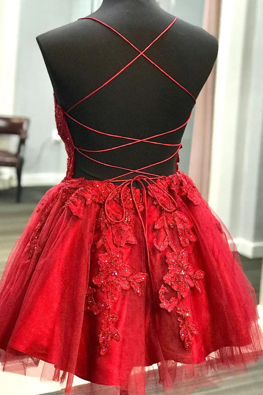 Weitese Dress A-line Spaghetti Straps Lace Appliqued Red Short Mini Homecoming Dress