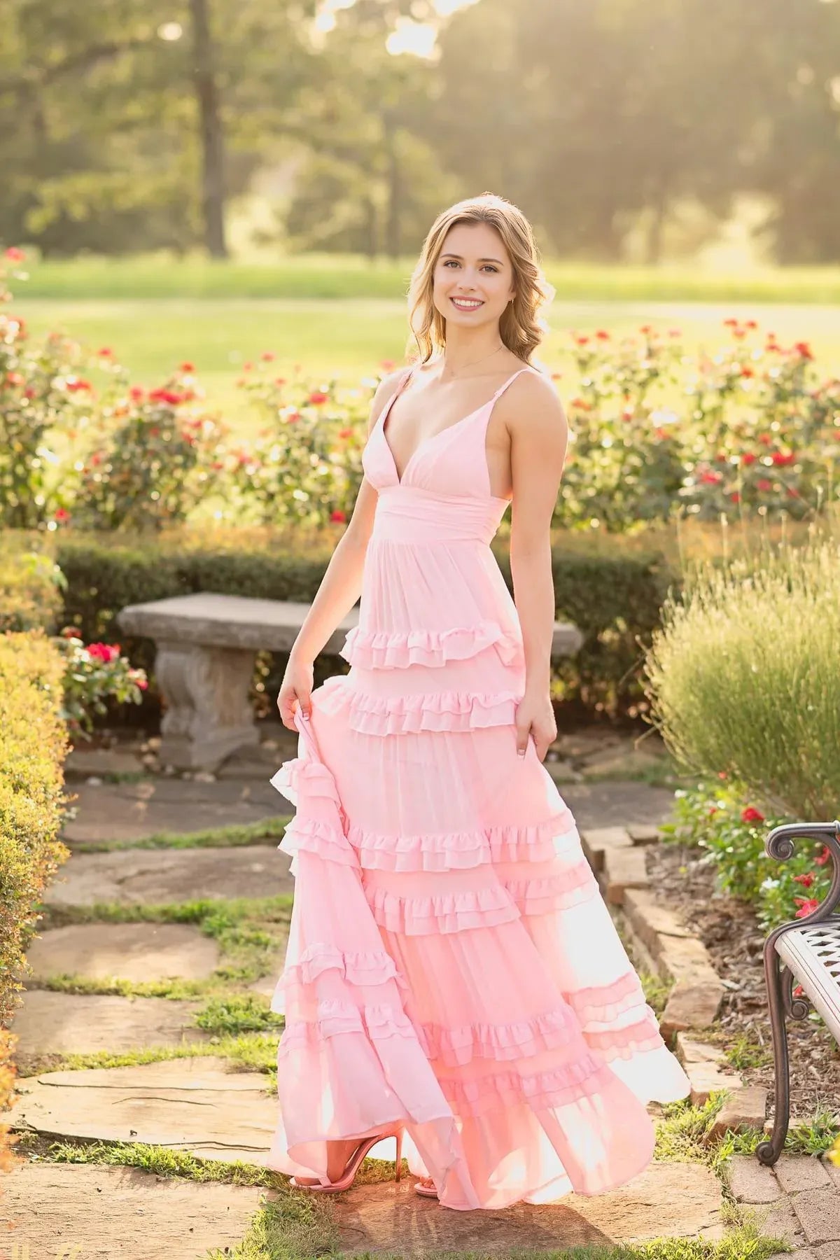 Weitese Dress A-line Spaghetti Straps Pink Chiffon Tiered Long Maxi Dress Sleeveless Prom Dress