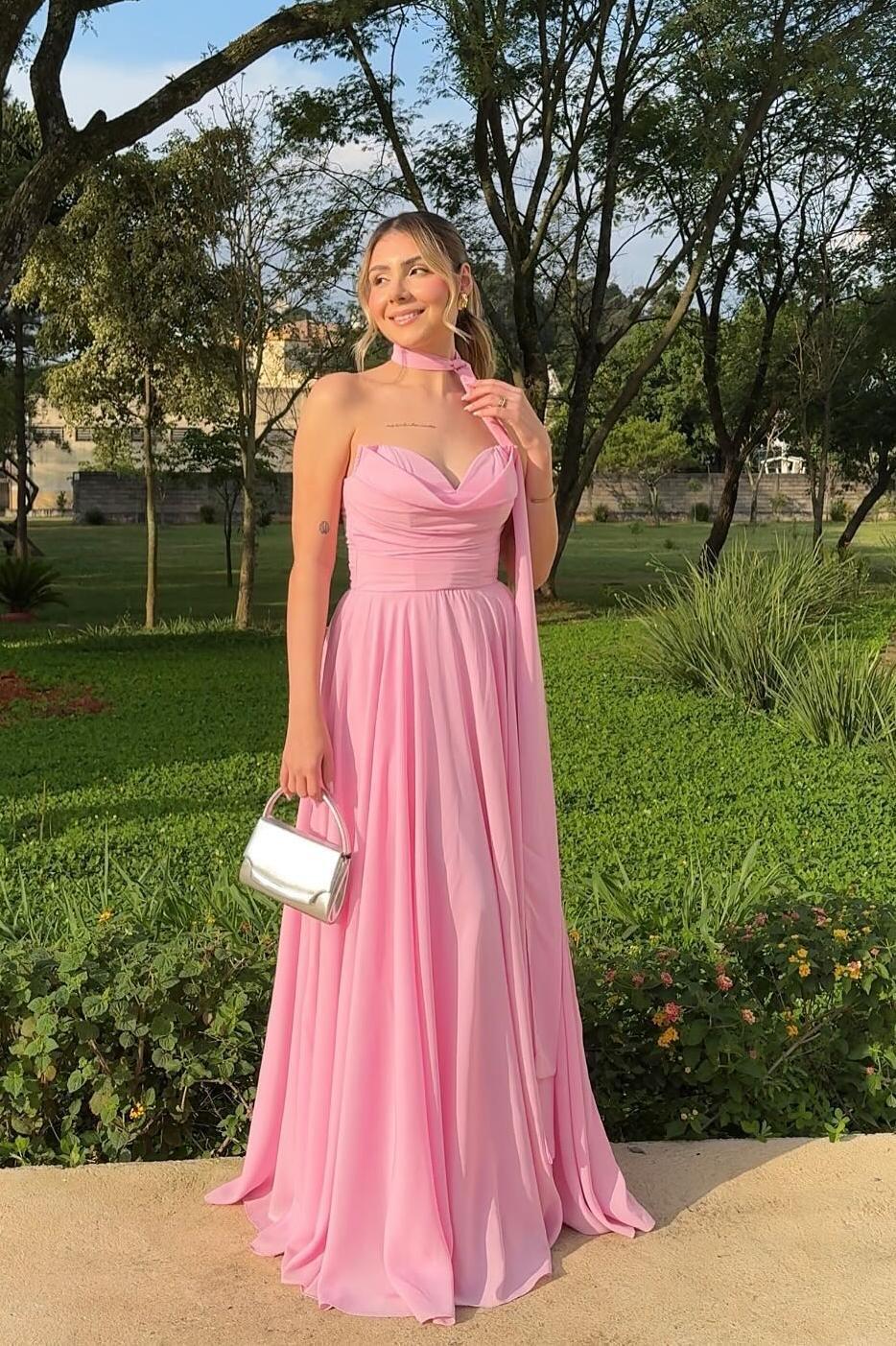 Weitese Dress A-line Strapless Pink Chiffon A-line Formal Dress Maxi Dress Prom Dress