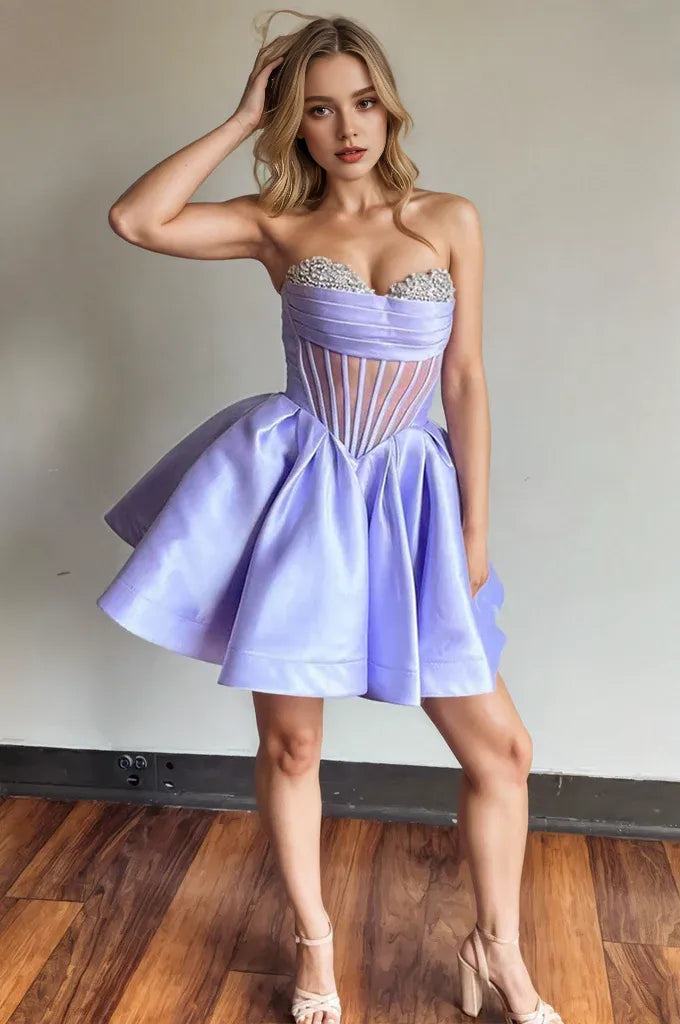 Vestido Weitese de corte A, sin tirantes, con corpiño de corsé transparente, color lavanda para regreso a casa. 