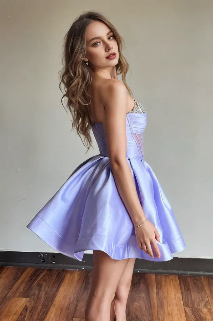 Vestido Weitese de corte A, sin tirantes, con corpiño de corsé transparente, color lavanda para regreso a casa. 
