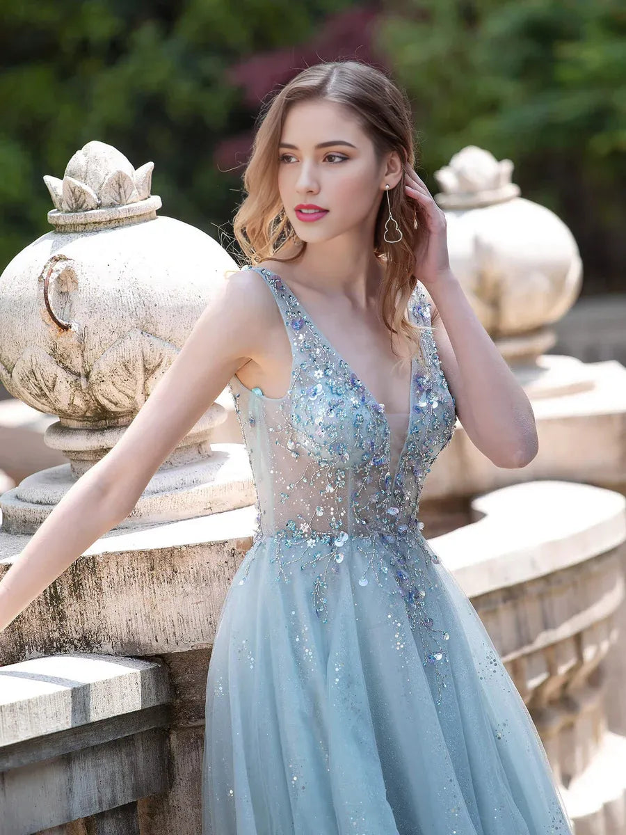 Weitese Dress A-line Tulle V-neck Luxurious Sexy Formal Evening Dresses Sleeveless Floor Length Prom Dresses