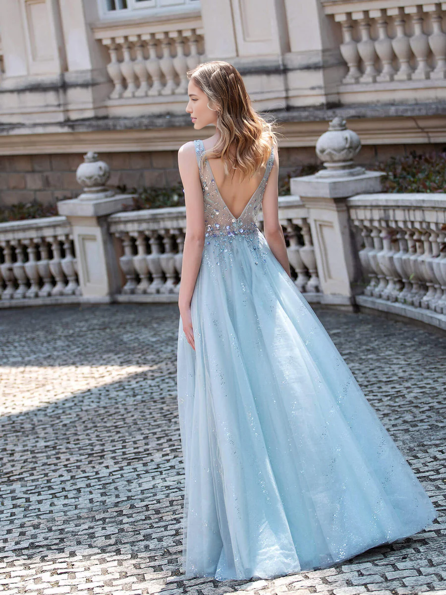 Vestido Weitese de tul con escote en V, lujoso y sexy, formal, de noche, sin mangas, largo hasta el suelo, para fiesta de graduación. 