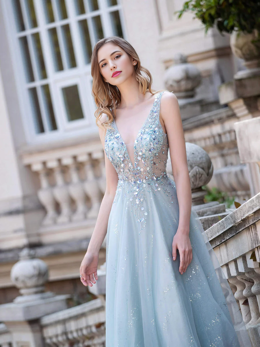 Weitese Dress A-line Tulle V-neck Luxurious Sexy Formal Evening Dresses Sleeveless Floor Length Prom Dresses