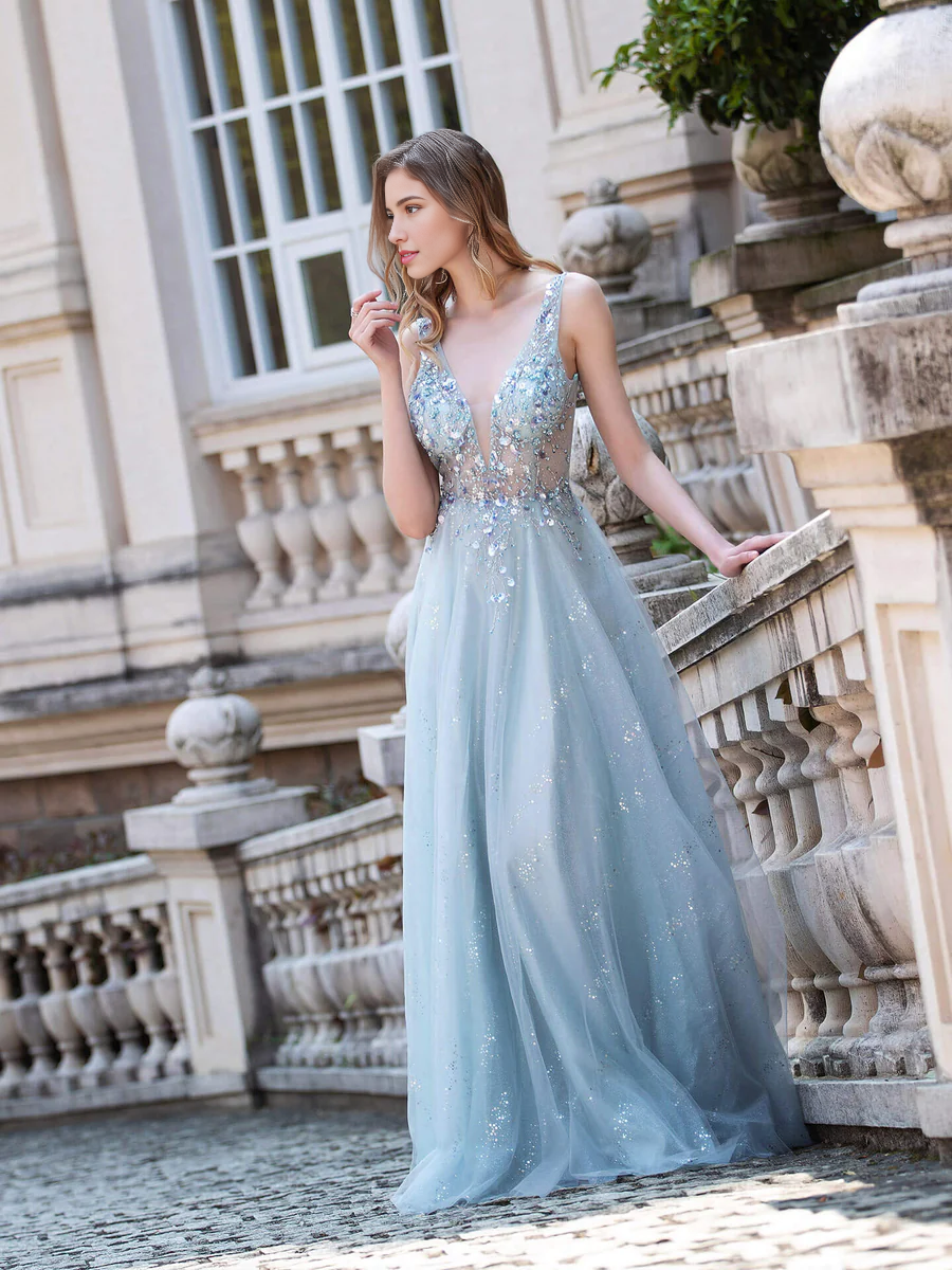 Weitese Dress A-line Tulle V-neck Luxurious Sexy Formal Evening Dresses Sleeveless Floor Length Prom Dresses