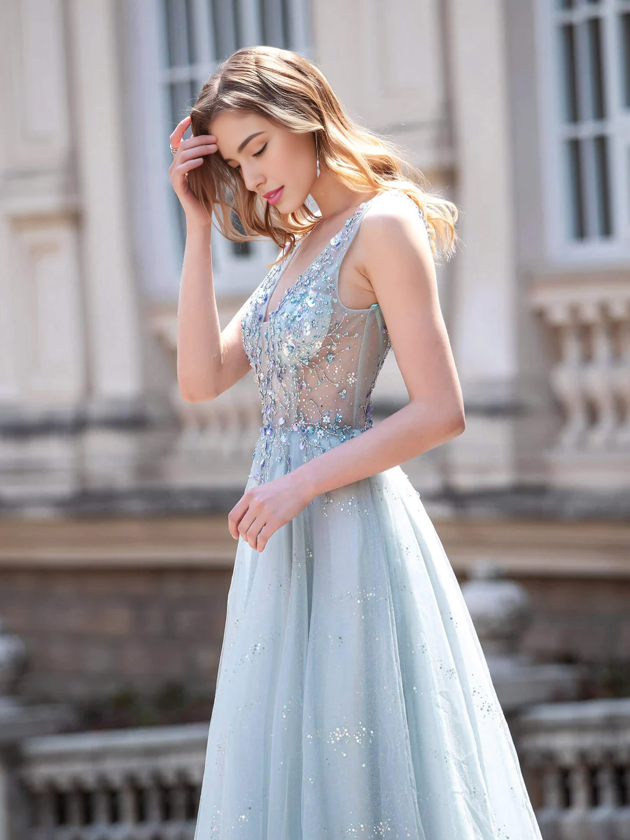 Weitese Dress A-line Tulle V-neck Luxurious Sexy Formal Evening Dresses Sleeveless Floor Length Prom Dresses