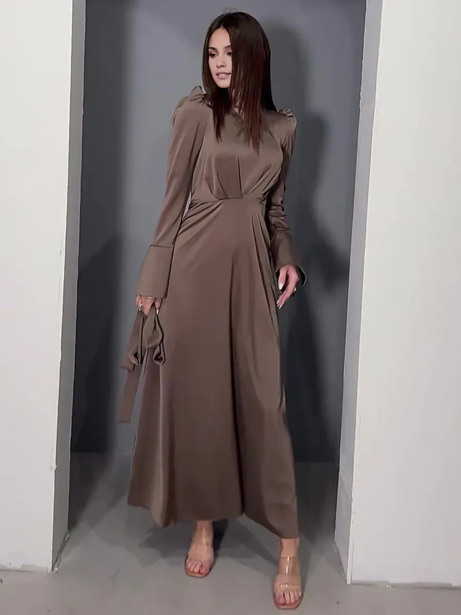 Weitese Dress A-line V-Neck Dress Bell Sleeves Ribbon Pleated Floor Length Prom Maxi Dresses