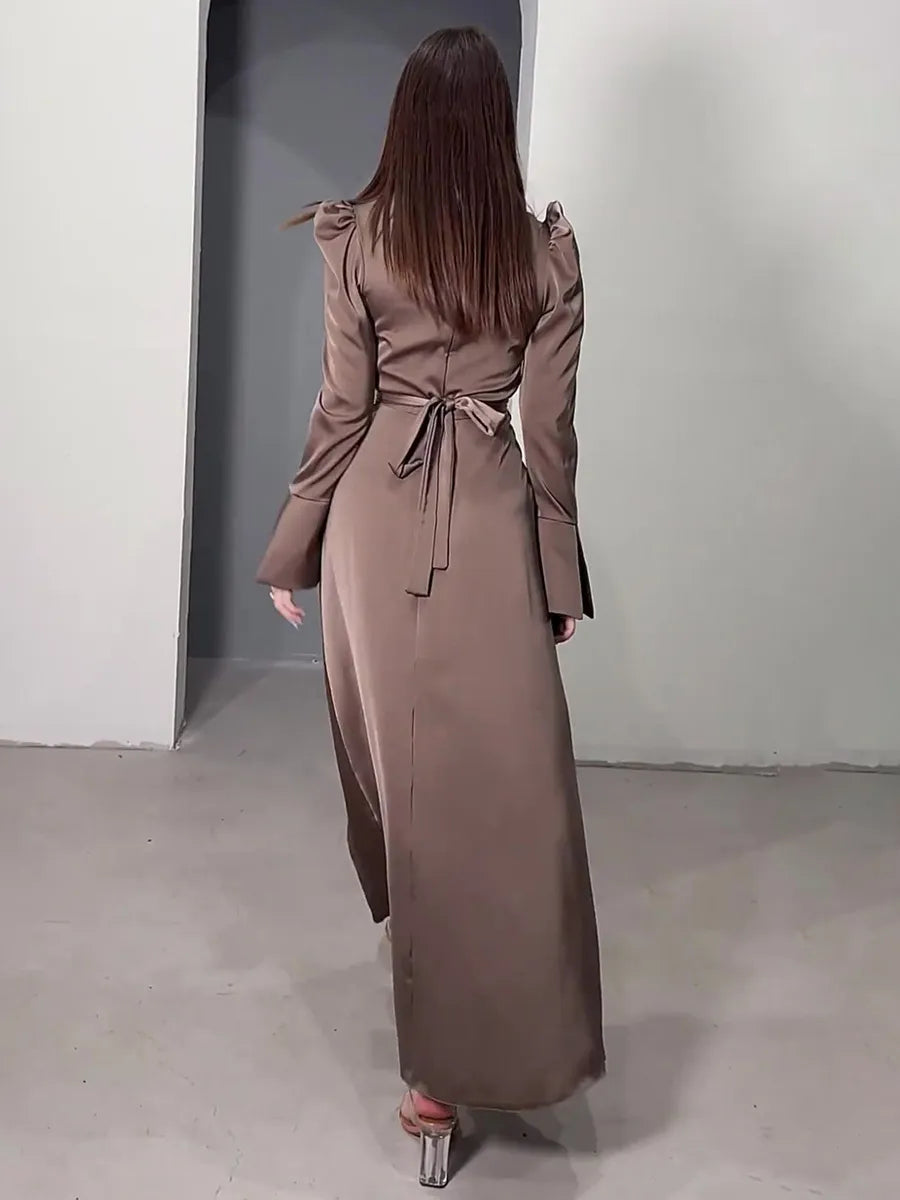 Weitese Dress A-line V-Neck Dress Bell Sleeves Ribbon Pleated Floor Length Prom Maxi Dresses