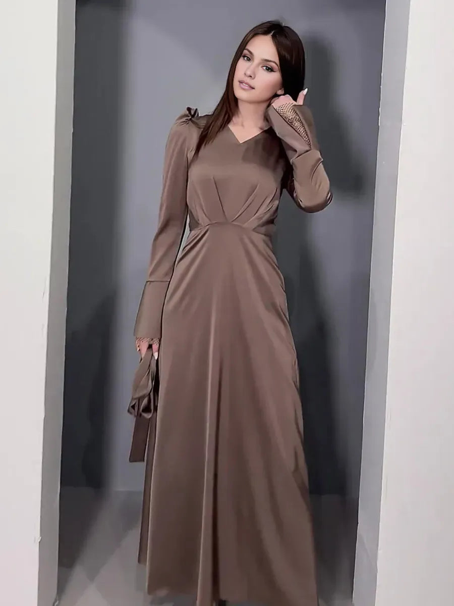 Weitese Dress A-line V-Neck Dress Bell Sleeves Ribbon Pleated Floor Length Prom Maxi Dresses