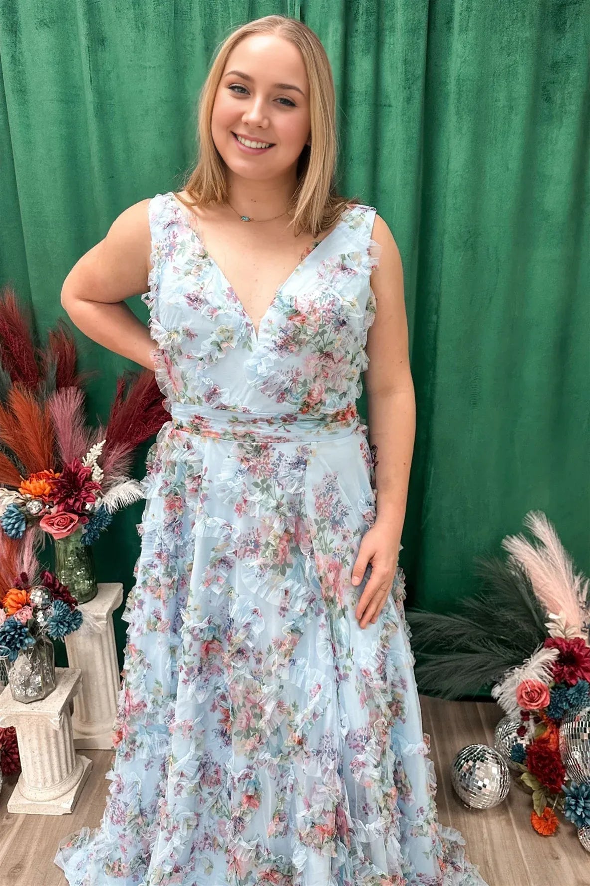 Robe Weitese A-line col en V fleurs volants robe longue sans manches imprimé fleurs robe de bal 