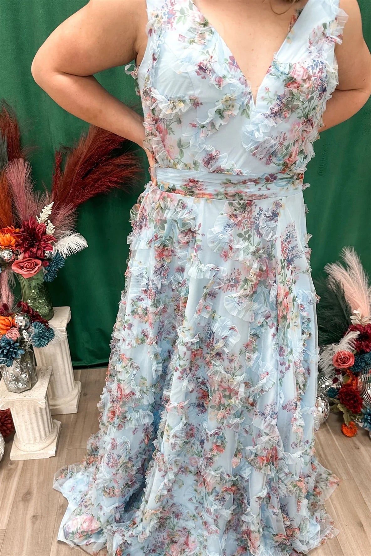 Robe Weitese A-line col en V fleurs volants robe longue sans manches imprimé fleurs robe de bal 