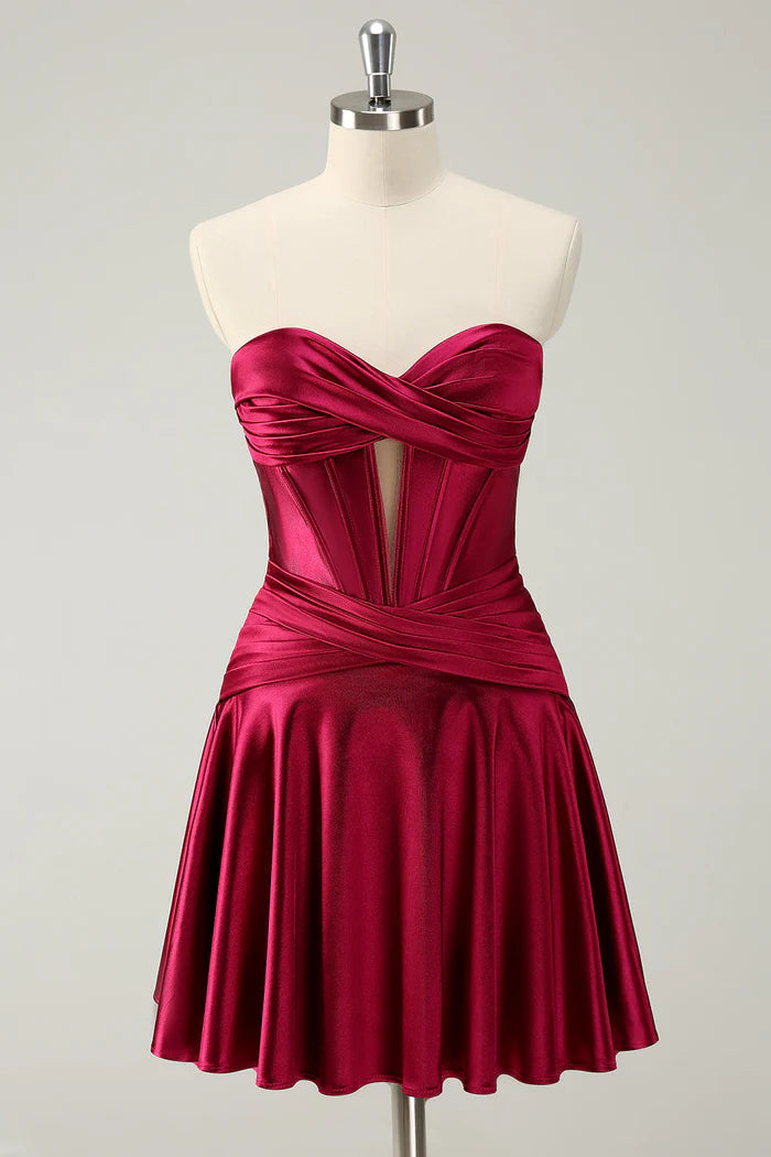 Weitese Dress A Line Burgundy A Line Sweetheart Strapless Satin Homecoming Dress Sleeveless Keyhole Party Dress