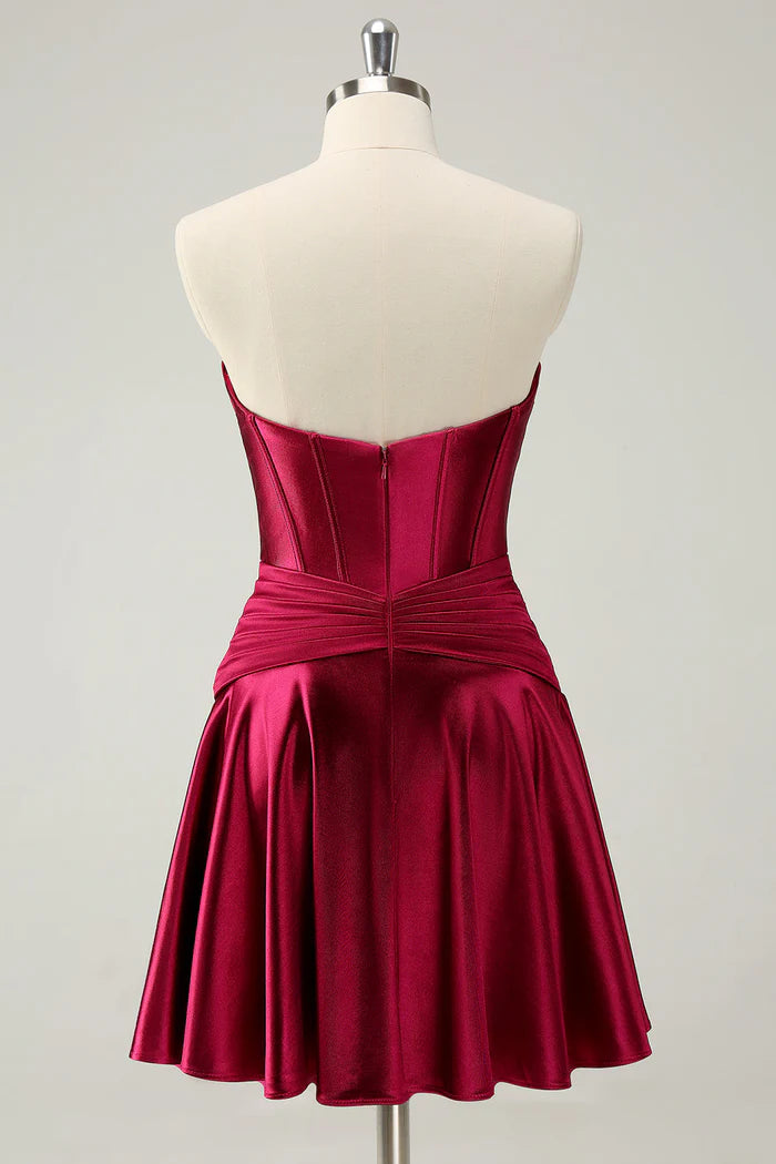 Weitese Dress A Line Burgundy A Line Sweetheart Strapless Satin Homecoming Dress Sleeveless Keyhole Party Dress