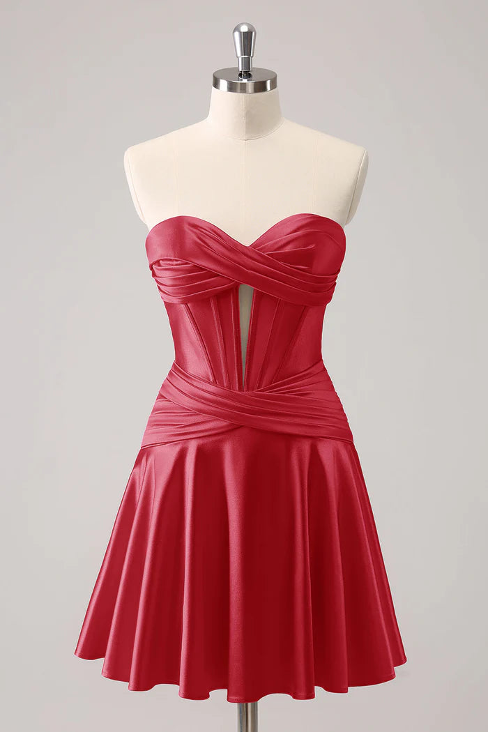 Weitese Dress A Line Burgundy A Line Sweetheart Strapless Satin Homecoming Dress Sleeveless Keyhole Party Dress