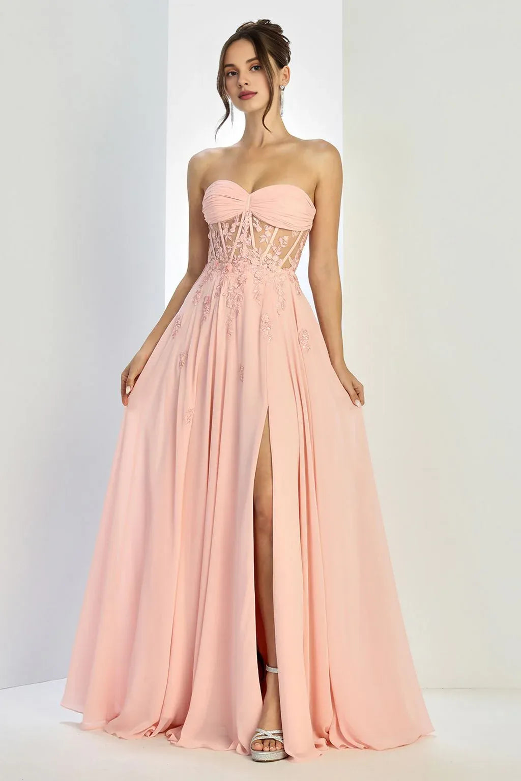 Robe Weitese trapèze fendue style corset, robe de soirée en mousseline, sans bretelles, sans manches, avec fente haute 