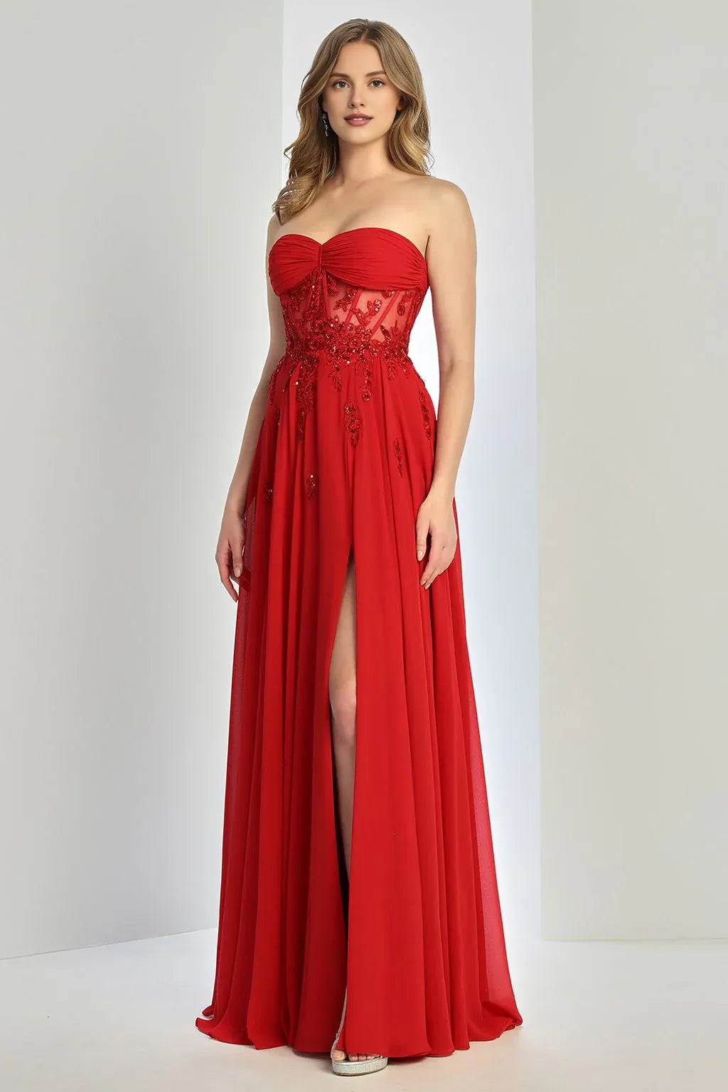 Weitese Dress A Line Corset Slit Formal Dress Chiffon Strapless Sleeveless Prom Dress With Hight Slit